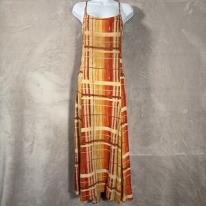 Vintage 90s Rayon Maxi Dress Womens Medium Orange Abstract Plaid Sheer Boho